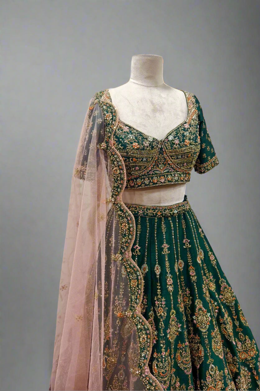 Regal Emerald Green Embroidered Lehenga with Intricate Zari & Sequin Detailing Secondary image