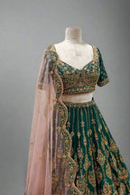 Regal Emerald Green Embroidered Lehenga with Intricate Zari & Sequin Detailing