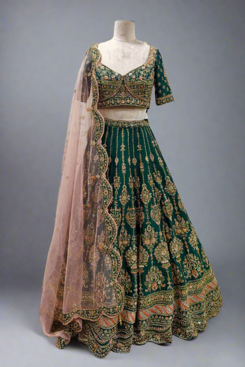 Regal Emerald Green Embroidered Lehenga with Intricate Zari & Sequin Detailing