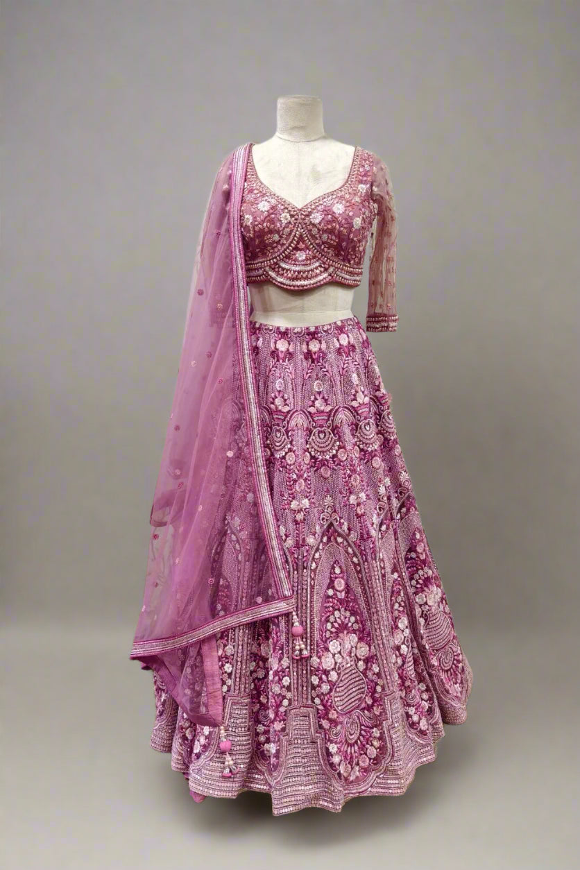 Regal Mauve Hand-Embroidered Lehenga with Intricate Zari & Pearl Accents