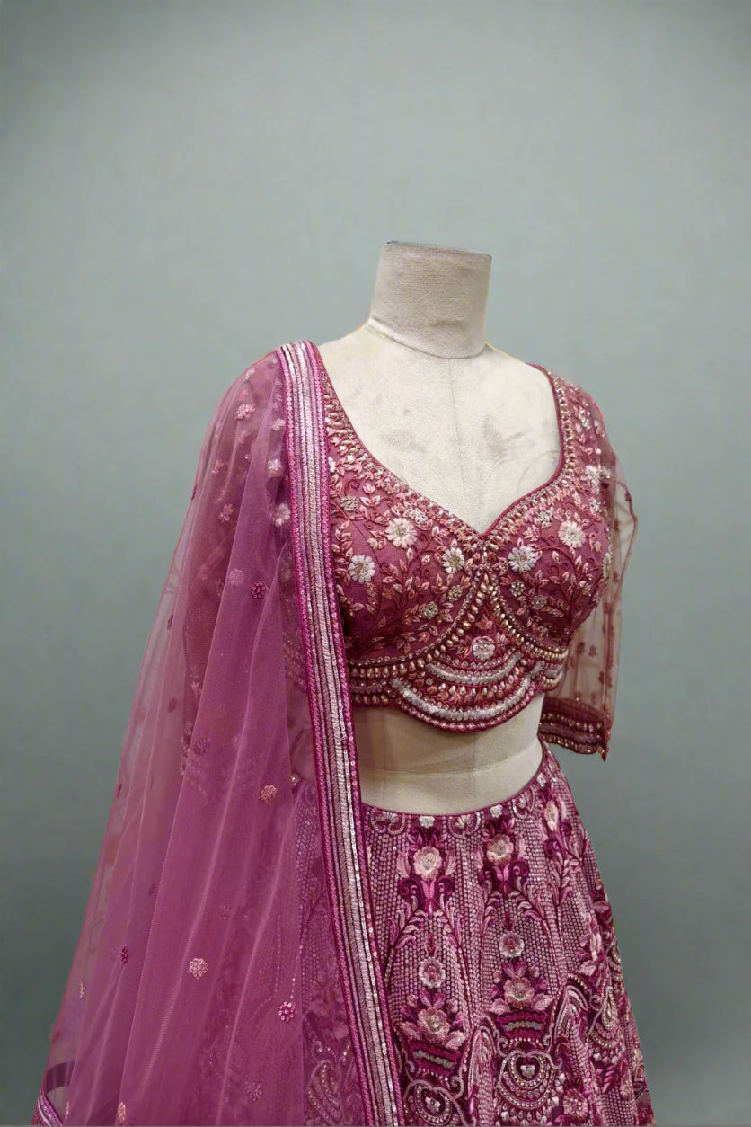 Regal Mauve Hand-Embroidered Lehenga with Intricate Zari & Pearl Accents Secondary image