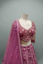 Regal Mauve Hand-Embroidered Lehenga with Intricate Zari & Pearl Accents