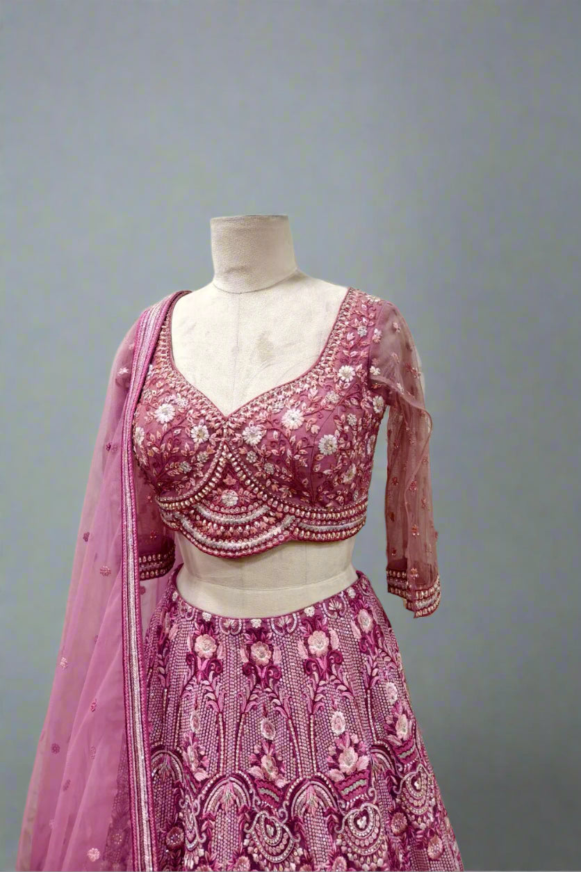 Regal Mauve Hand-Embroidered Lehenga with Intricate Zari & Pearl Accents