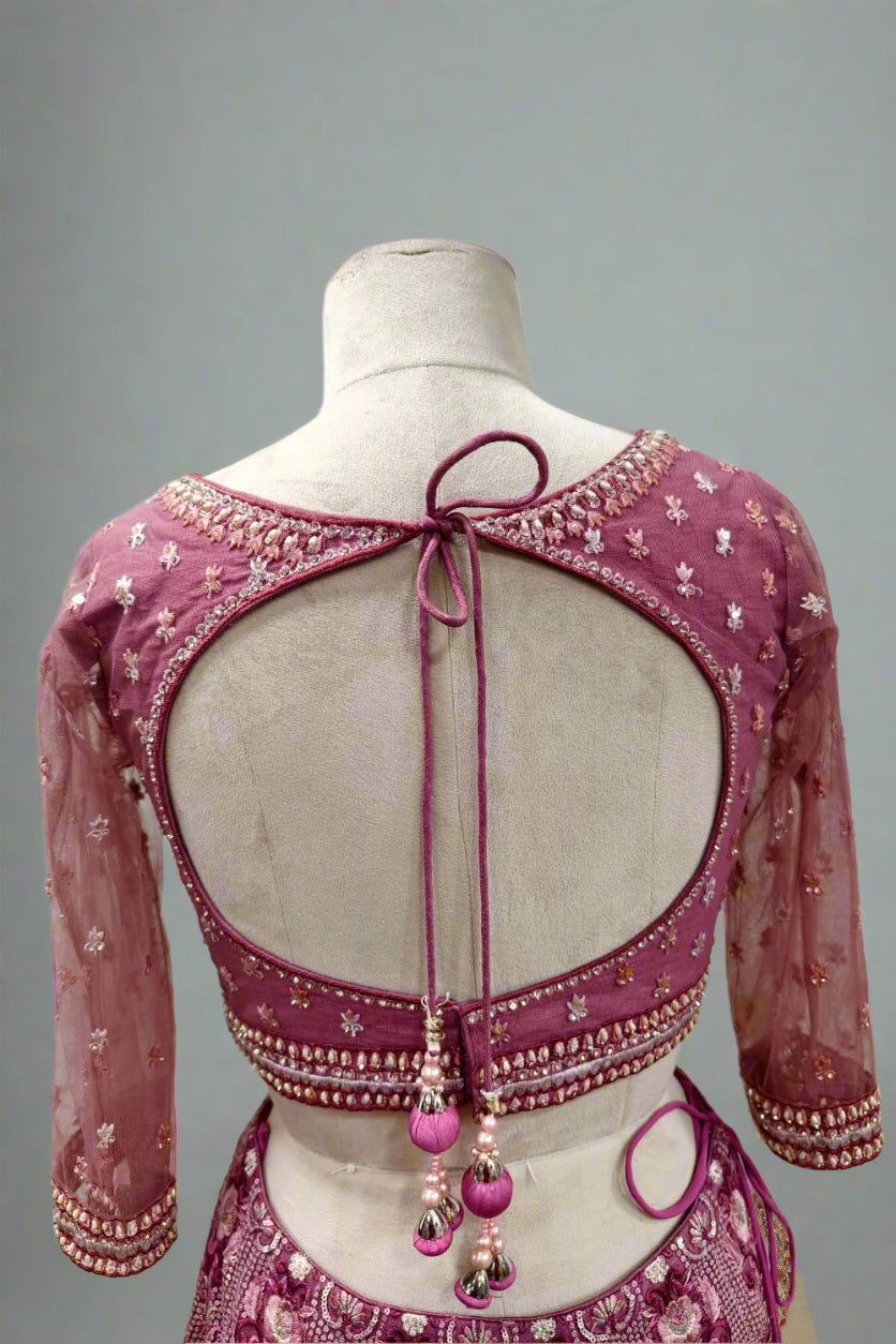 Regal Mauve Hand-Embroidered Lehenga with Intricate Zari & Pearl Accents