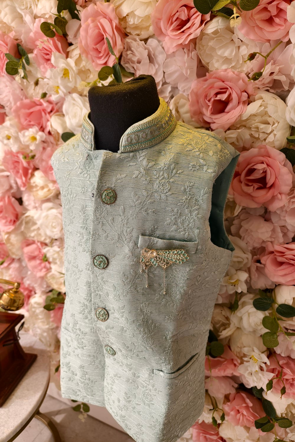 Ice blue Woven Nehru Jacket For Boys