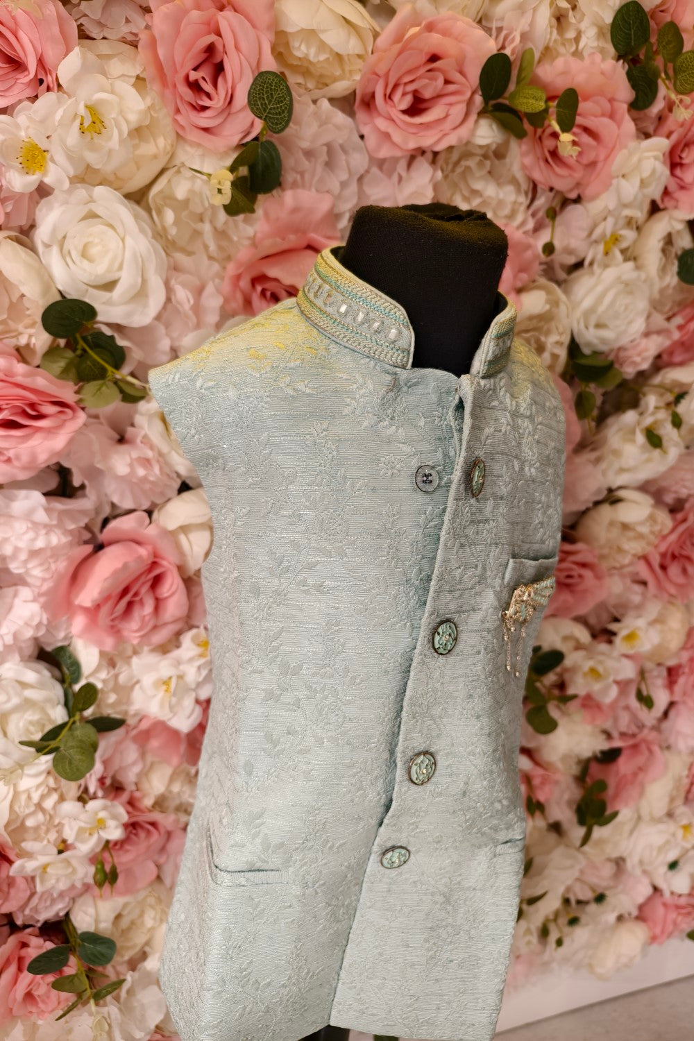 Ice blue Woven Nehru Jacket For Boys