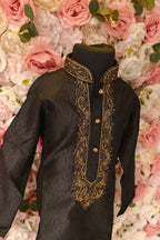 Black Self Striped Texture Kurta