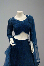 Enchanting Midnight Blue Net Lehenga with Intricate Handwork.
