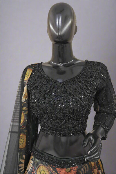 Black printed lehenga with full hand moti work