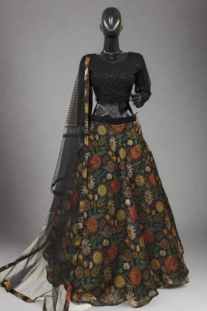 Black printed lehenga with full hand moti work