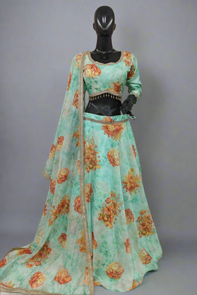 Printed work blue lehenga with soft net
