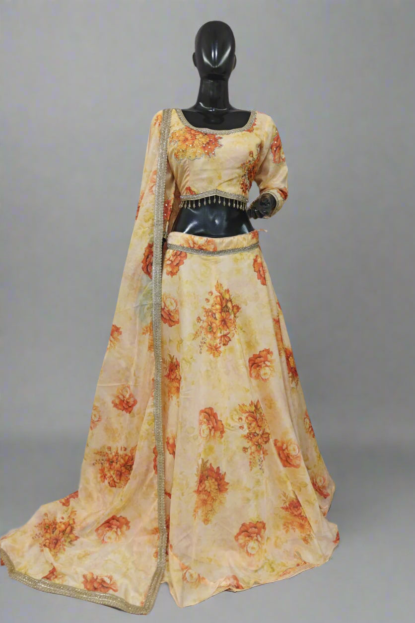 Printed work blue lehenga with soft net