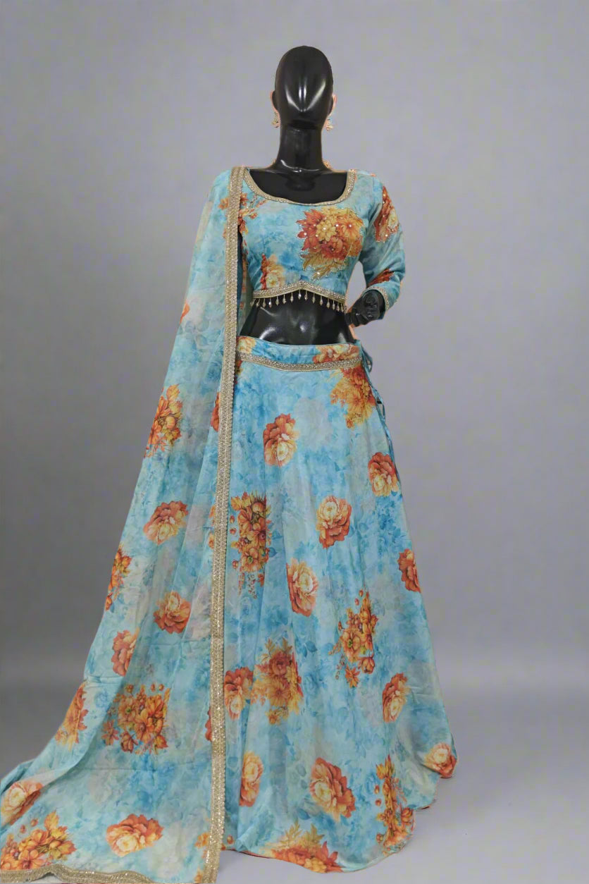 Printed work blue lehenga with soft net