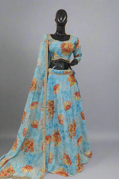 Printed work blue lehenga with soft net