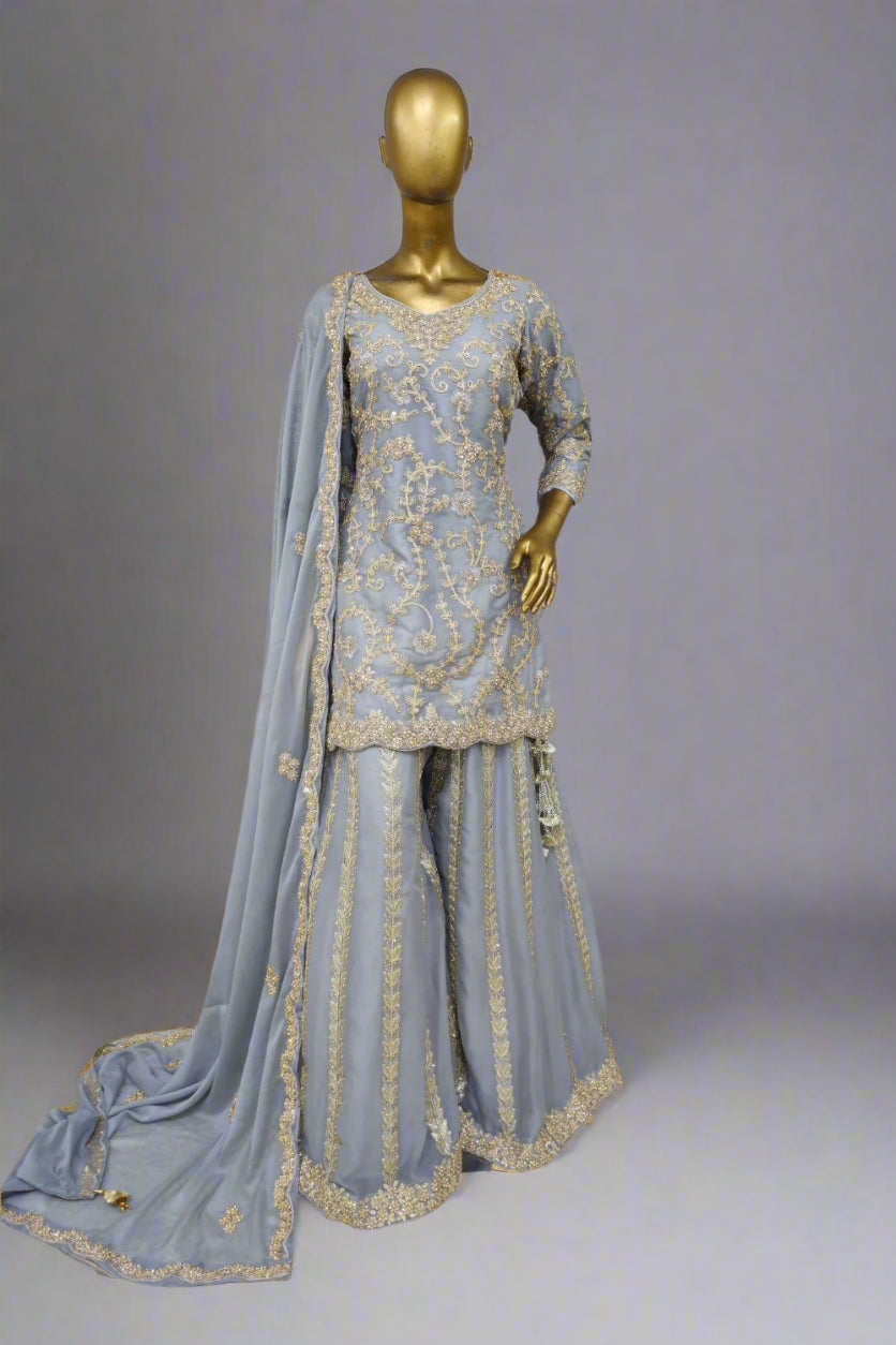 Lavender Resham work sharara suit with soft net dupatta