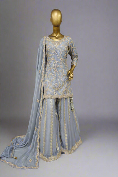 Lavender Resham work sharara suit with soft net dupatta