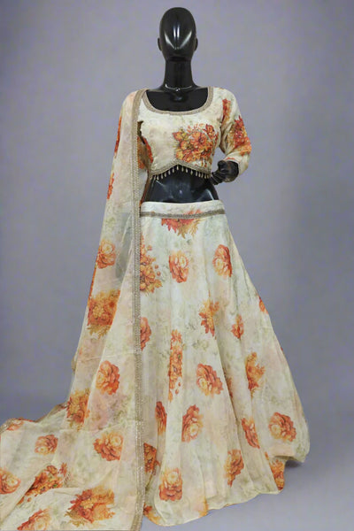 Printed work blue lehenga with soft net