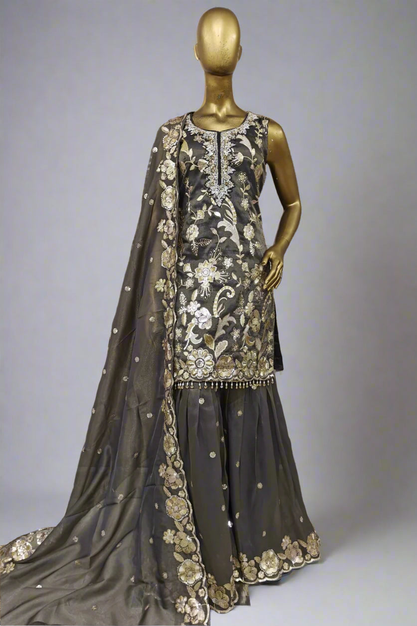 Brocade base sharara suit with soft net dupatta