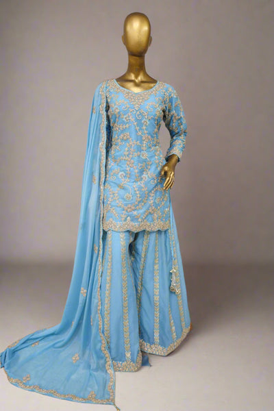 Lavender Resham work sharara suit with soft net dupatta