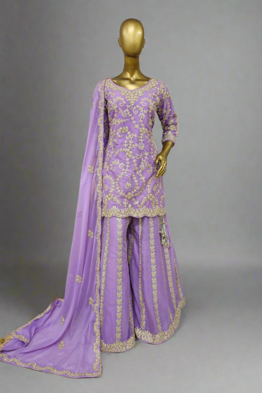 Lavender Resham work sharara suit with soft net dupatta