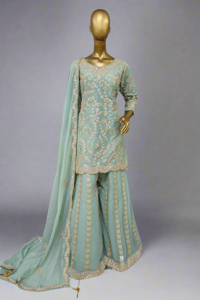 Lavender Resham work sharara suit with soft net dupatta