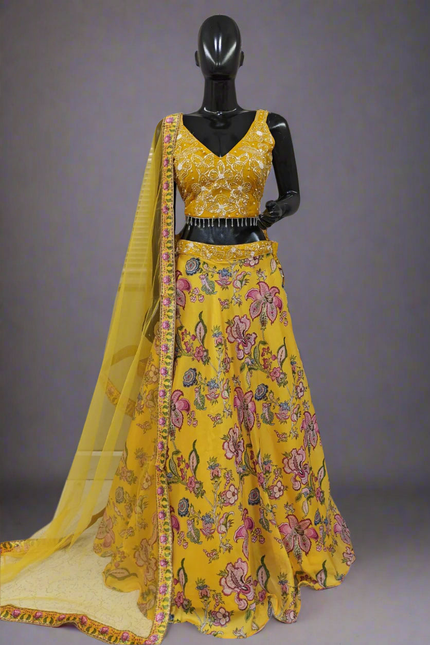 Yellow printed with sequins work blouse