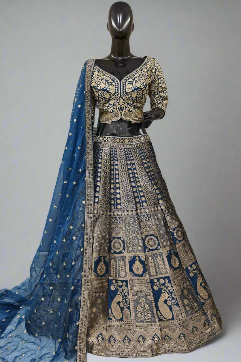 Elegant navy blue and gold lehenga with intricate embroidery