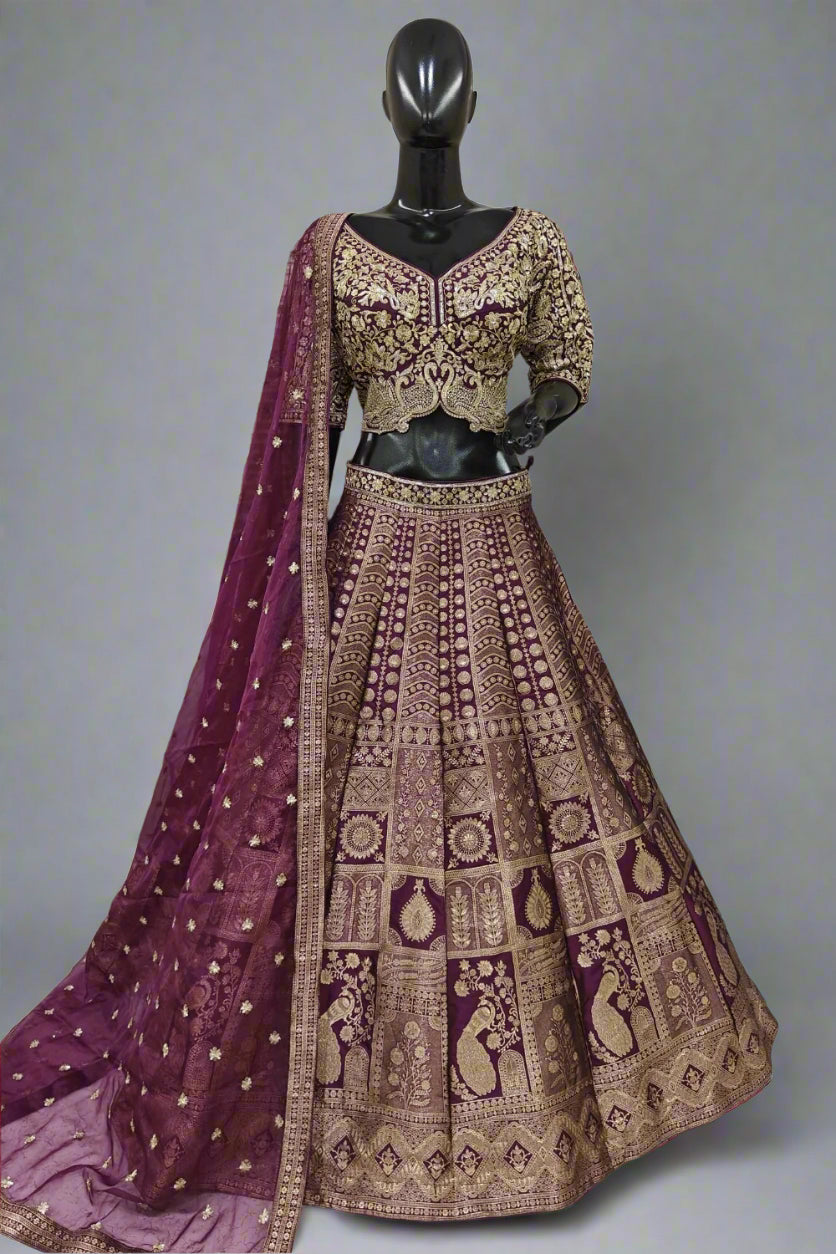 Elegant navy blue and gold lehenga with intricate embroidery
