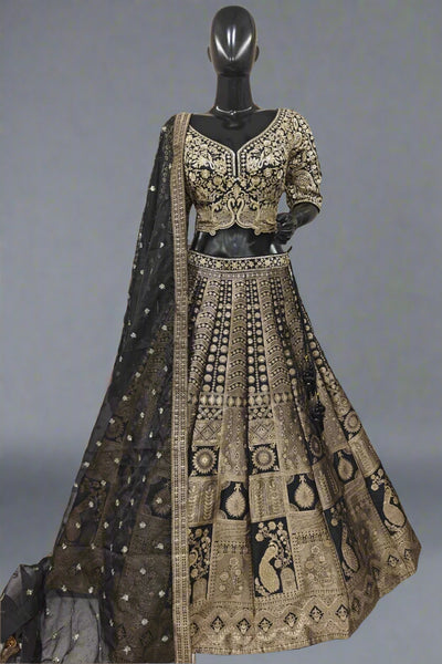 Elegant navy blue and gold lehenga with intricate embroidery