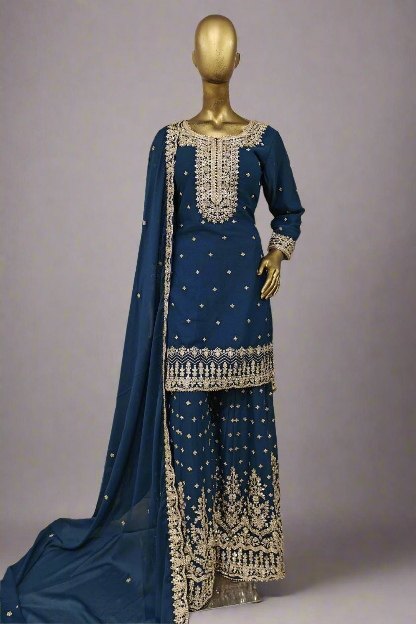 Bright mustard sharara suit with delicate silver embroidery