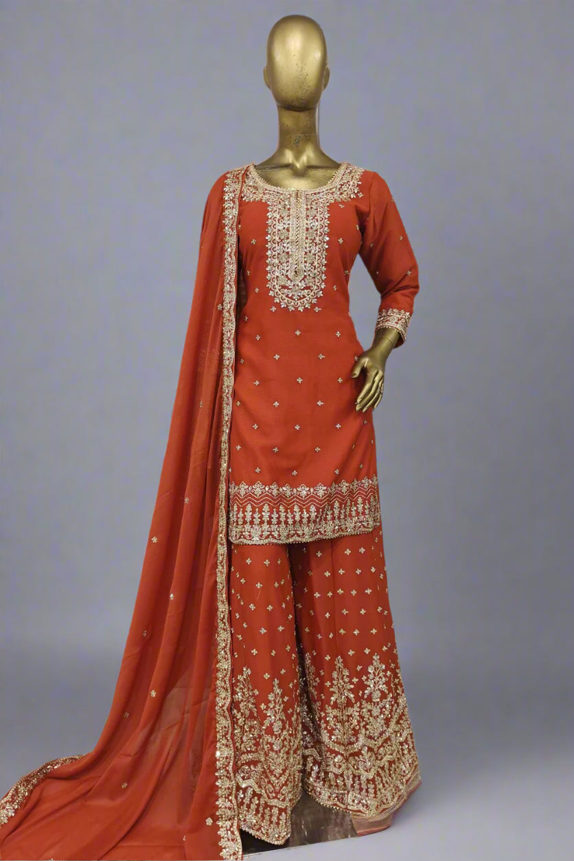 Bright mustard sharara suit with delicate silver embroidery