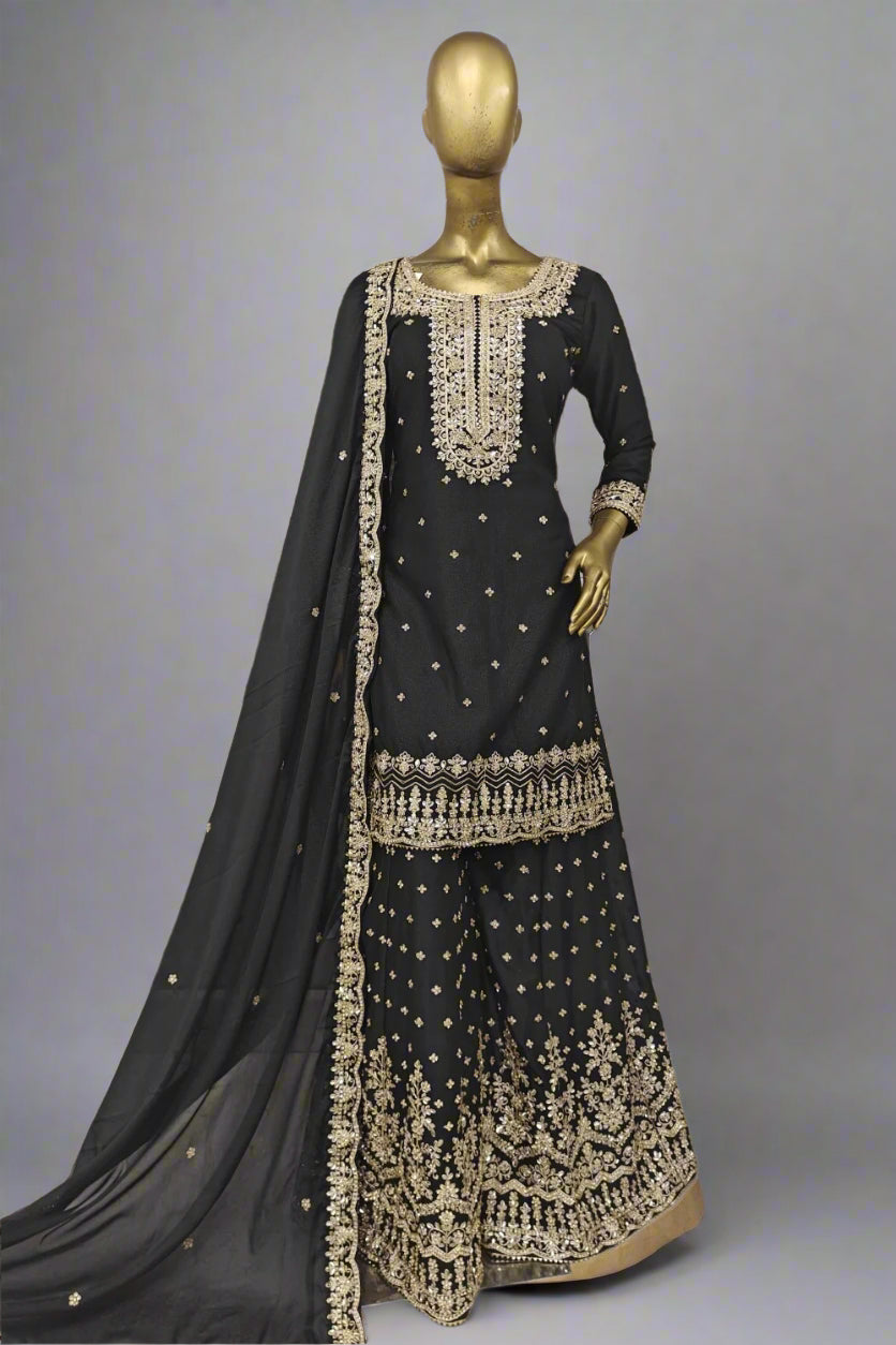 Bright mustard sharara suit with delicate silver embroidery