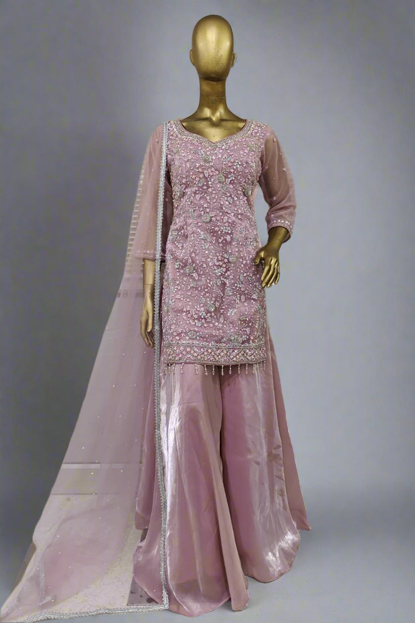 Pink sharara with stone work