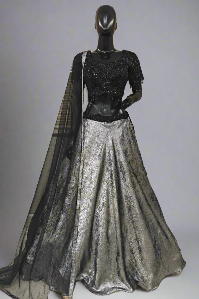Glamorous black and silver lehenga with a shimmering skirt and sequined blouse Main image