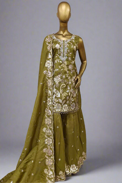 Olive green embroidered outfit with floral detailing