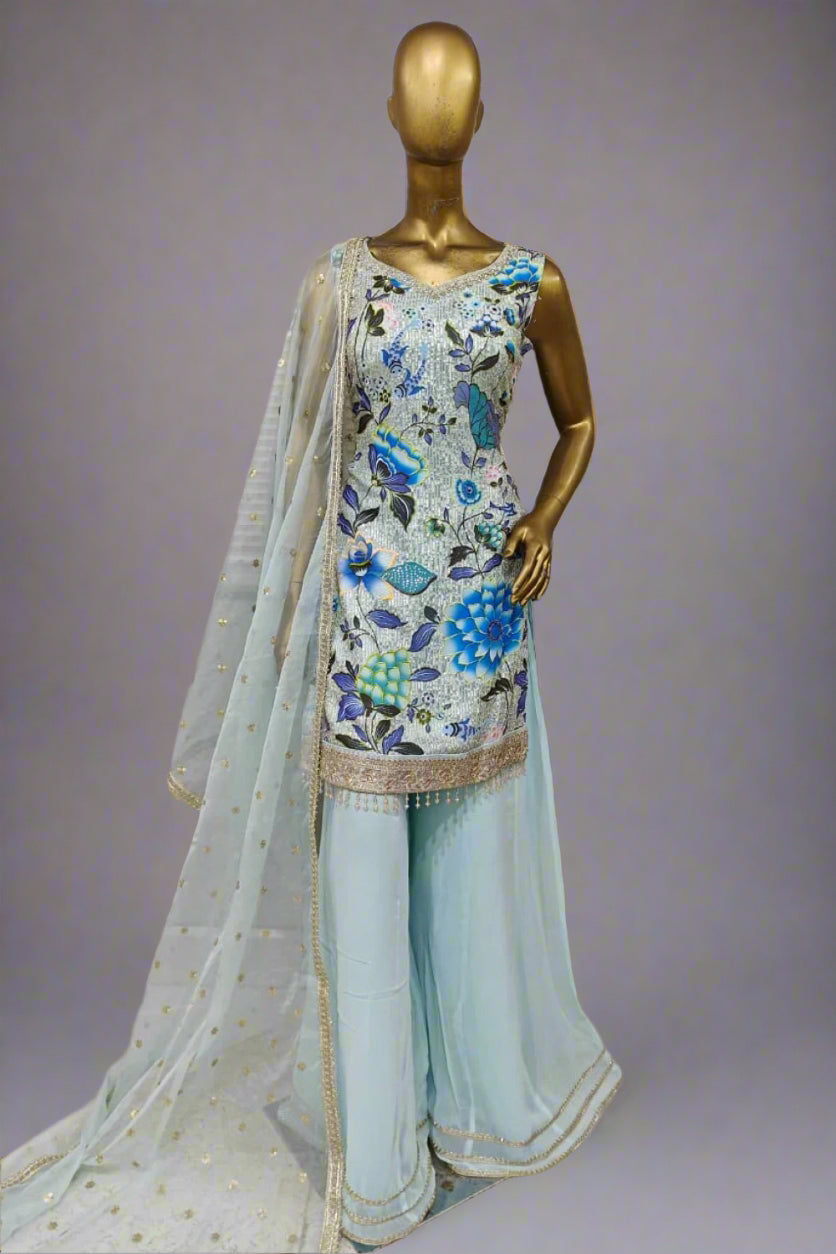 Classy blue sequins patchwork sharara