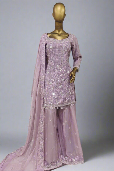 Elegant lavender ensemble featuring floral embroidery