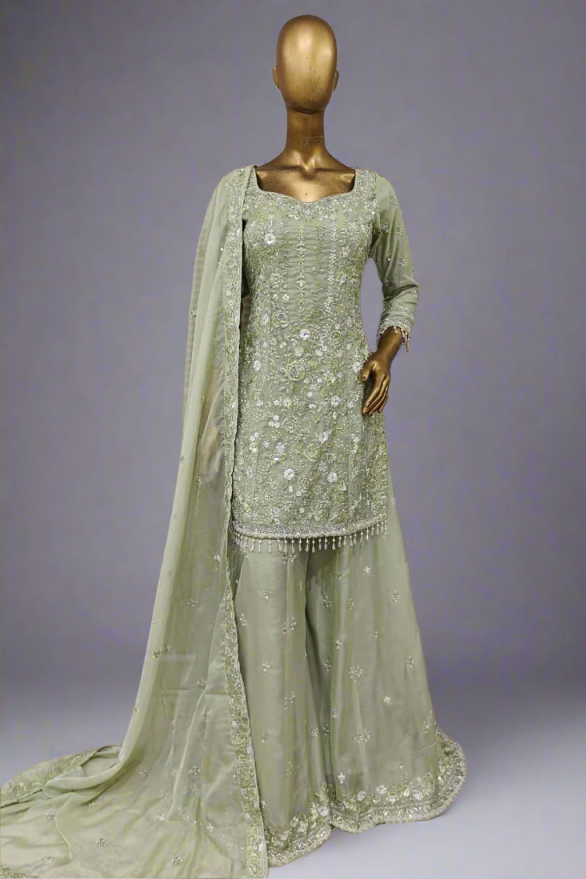 Elegant lavender ensemble featuring floral embroidery