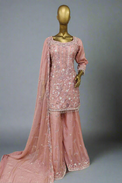 Elegant lavender ensemble featuring floral embroidery