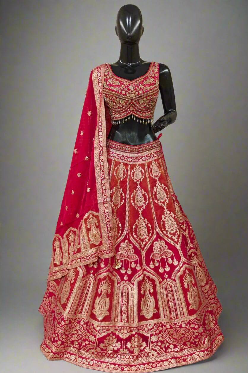 Elegant olive green lehenga set adorned with intricate golden embroidery