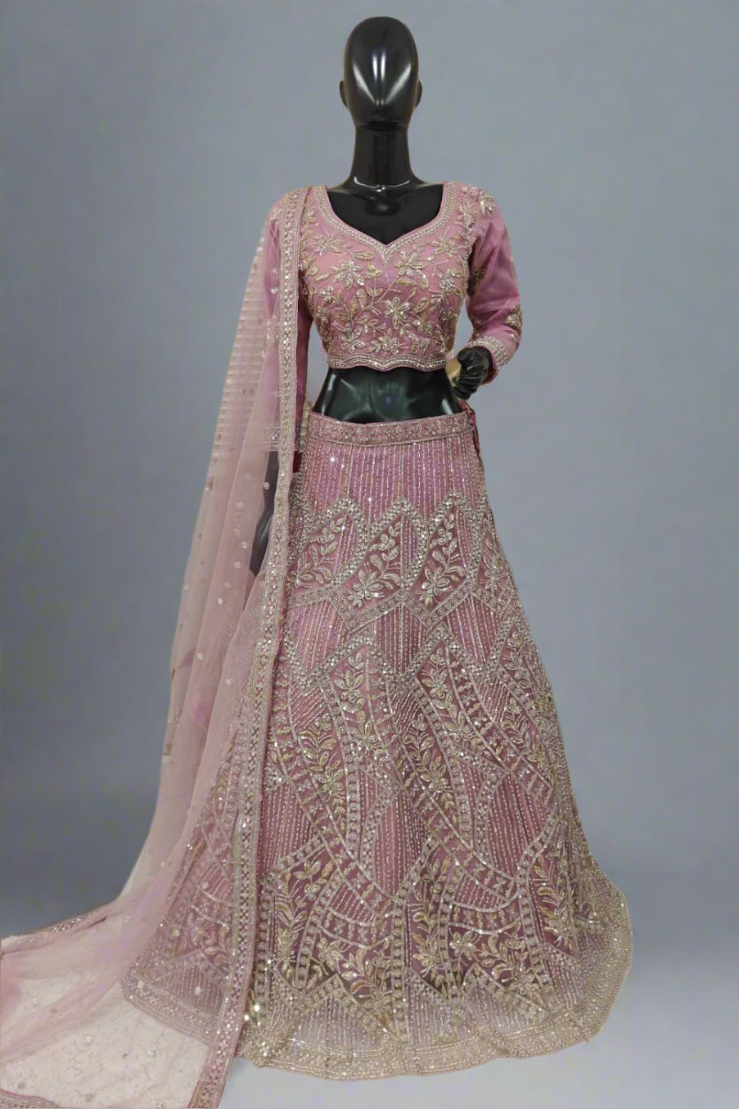 Classy sparkly pink lehenga with soft net dupatta