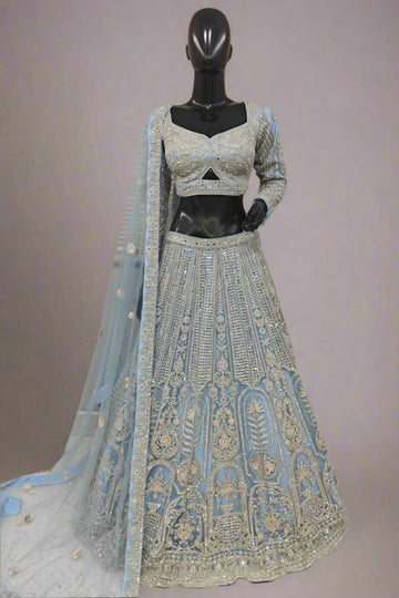 Sparkly blue lehenga with Sequins and moti work