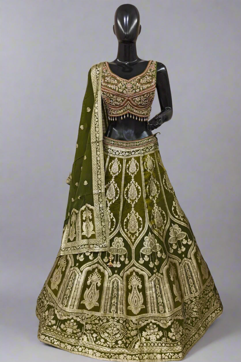 Elegant olive green lehenga set adorned with intricate golden embroidery Main image