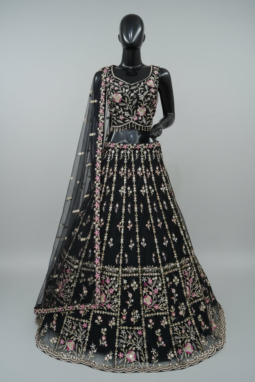 Thread work with sequins black lehenga