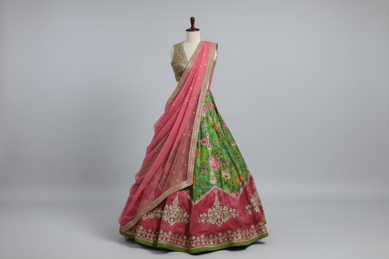 Classy green and pink with thread work