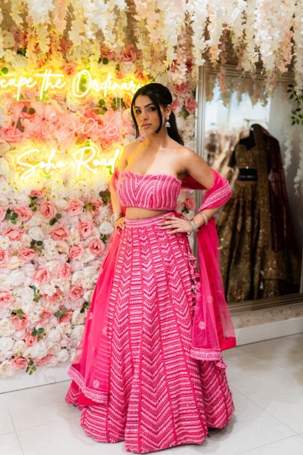 Pink Flowy Lehenga with Threadwork Embroidery Main image