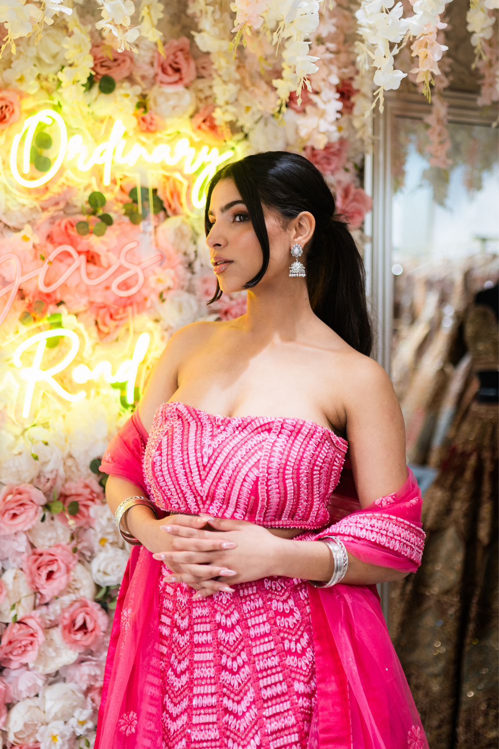 Pink Flowy Lehenga with Threadwork Embroidery