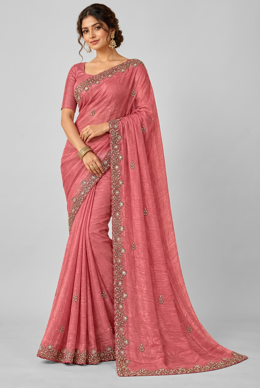 Elegant rose-pink saree featuring delicate floral embroidery