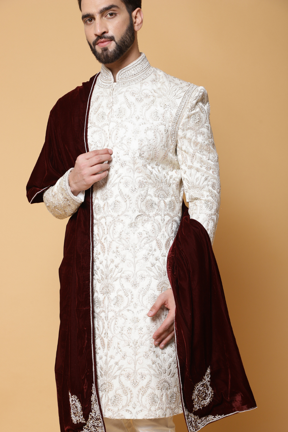 Cream Textured Sherwani with Churidar Main image