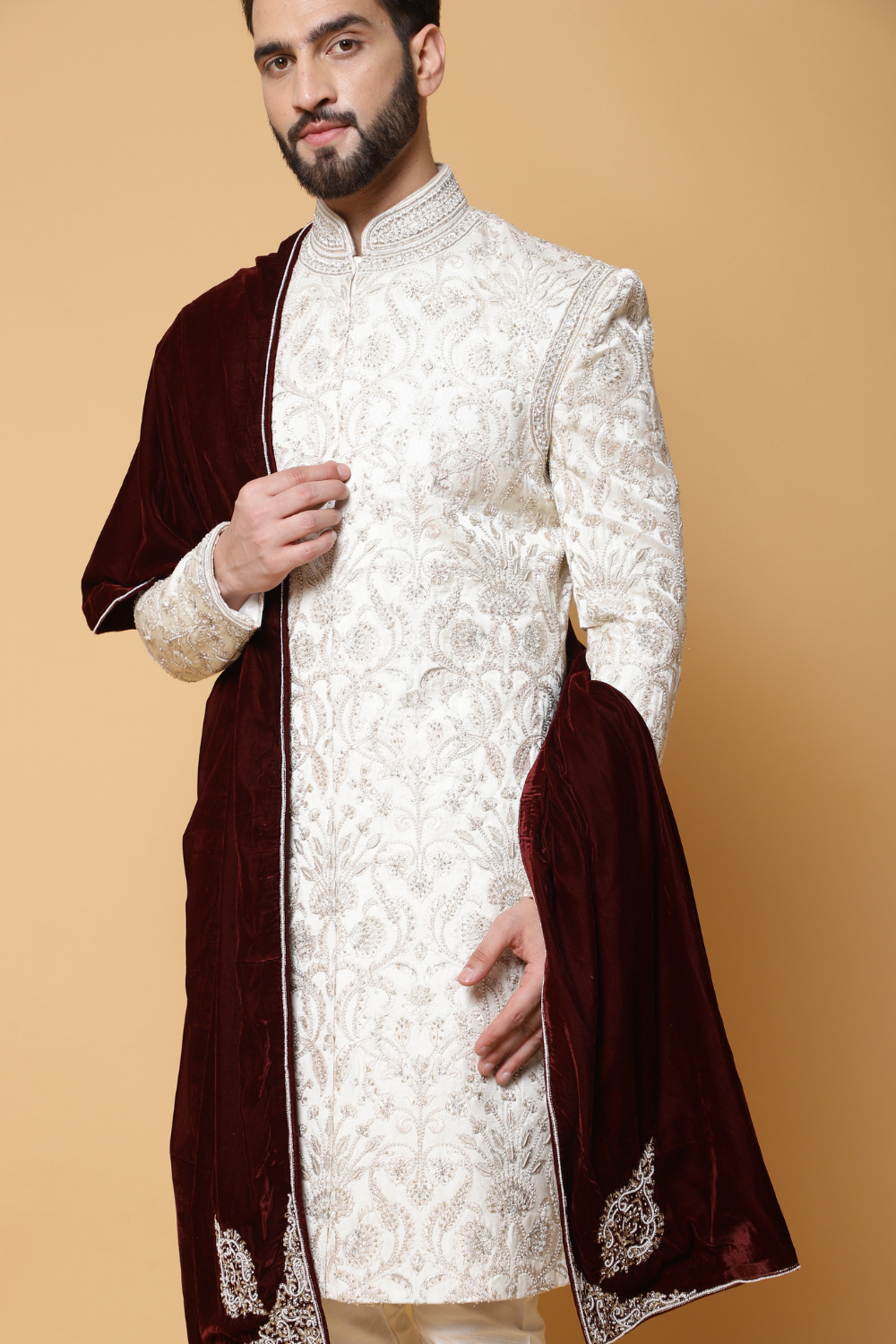 Cream Textured Sherwani with Churidar